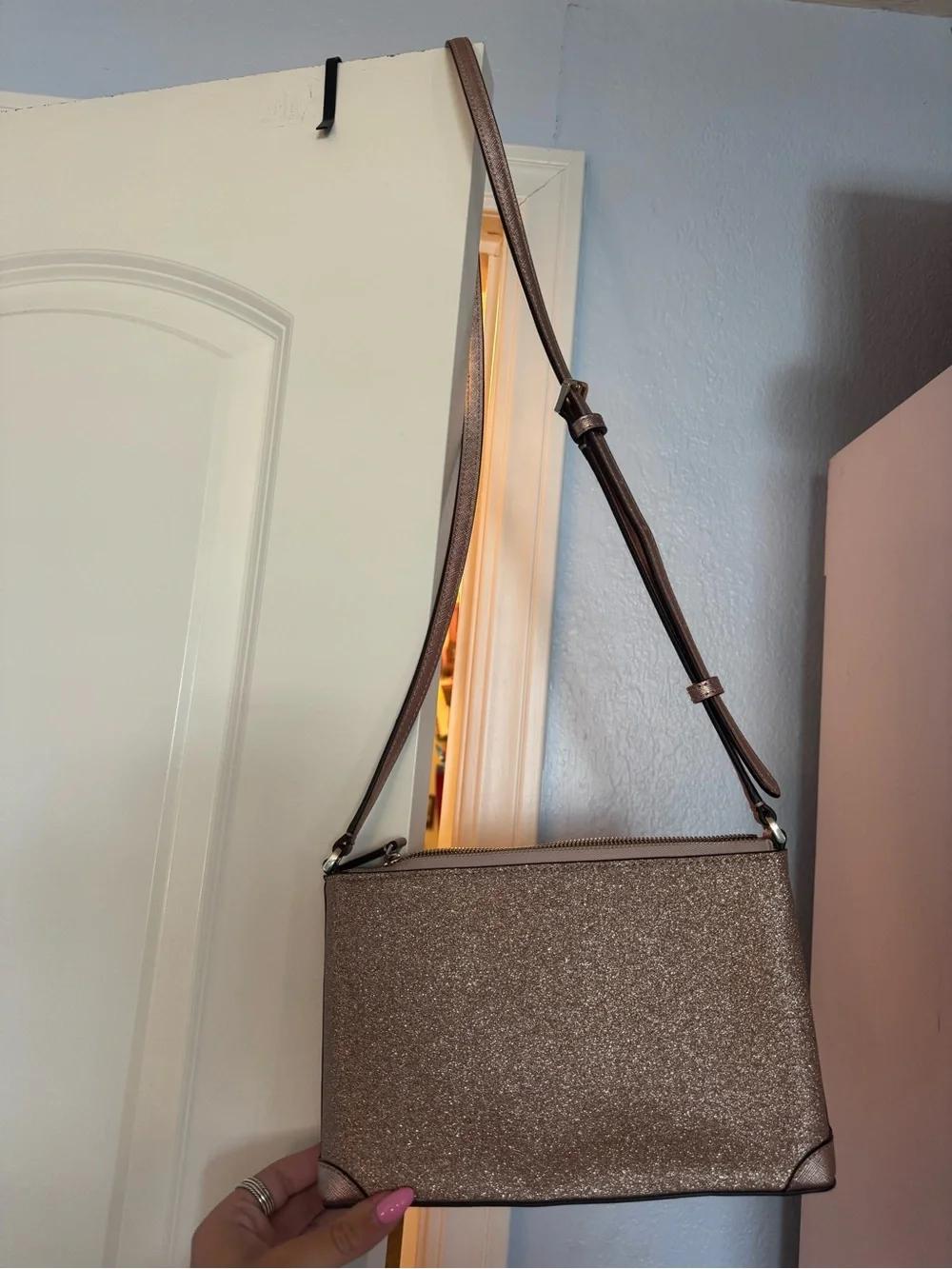 kate spade Rose Gold Glitter Crossbody Bag with Pink Strap Accents